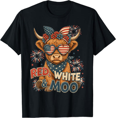 Red White and Moo Highland Cow 4th July 250 Years Patriotic T-Shirt