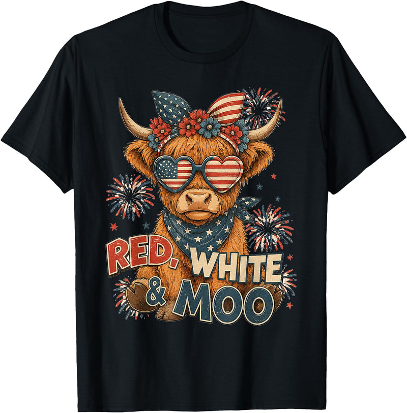 Red White and Moo Highland Cow 4th July 250 Years Patriotic T-Shirt - Black