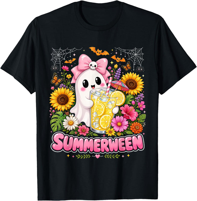 Summerween Spooky Funny Halloween Tee Summerween Funny Ghost Halloween Summer Floral Women Girls T-Shirt - Black