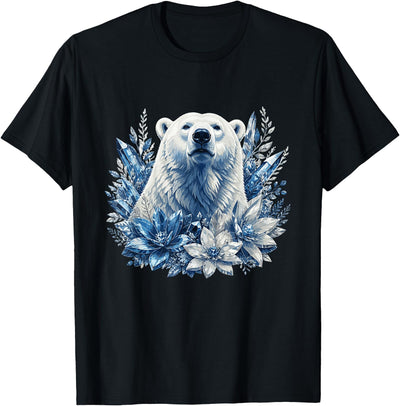 Ice Blue Snow Polar Bear with Winter Flowers T-Shirt