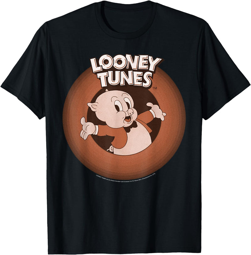 Looney Tunes Porky Pig Classic Logo Portrait T-Shirt - Black