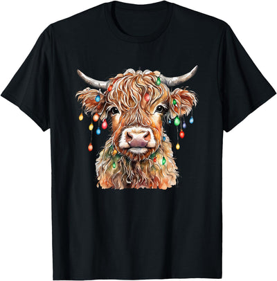 Men Kids Fluffy Scottish Highland Cow with Xmas Lights T-Shirt