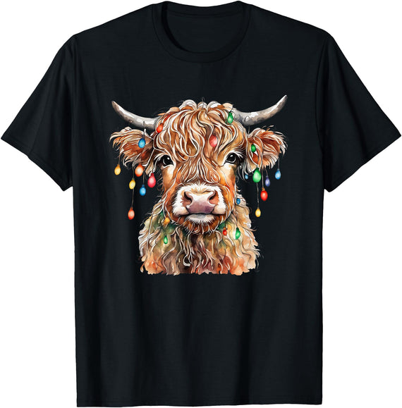 Scottish Highland Cow Gifts For Women Men Kids Fluffy Scottish Highland Cow with Xmas Lights Christmas T-Shirt - Black