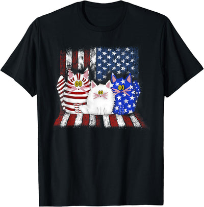 Three Cats American Flag - Blue - Cat - White - Cat - Red - T-Shirt