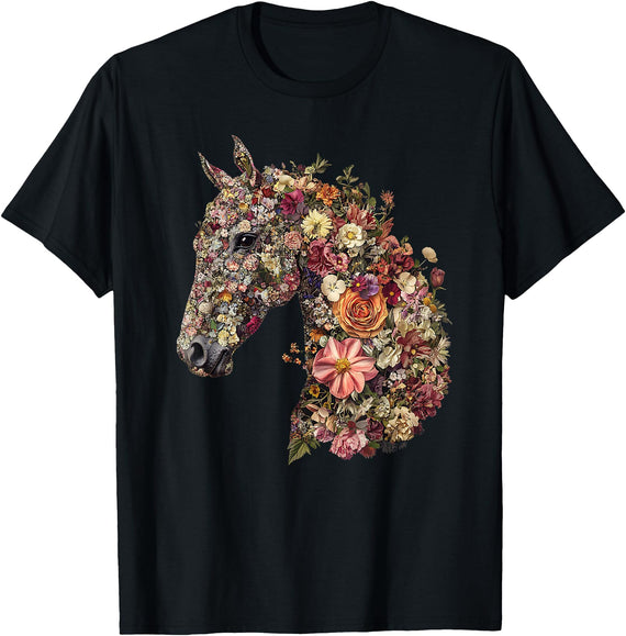 Horse Lover Gifts Floral Horse T-Shirt - Unisex-Adult, Classic Fit, Black, Small, Short Sleeve, Cotton Blend, Floral Pattern - Black