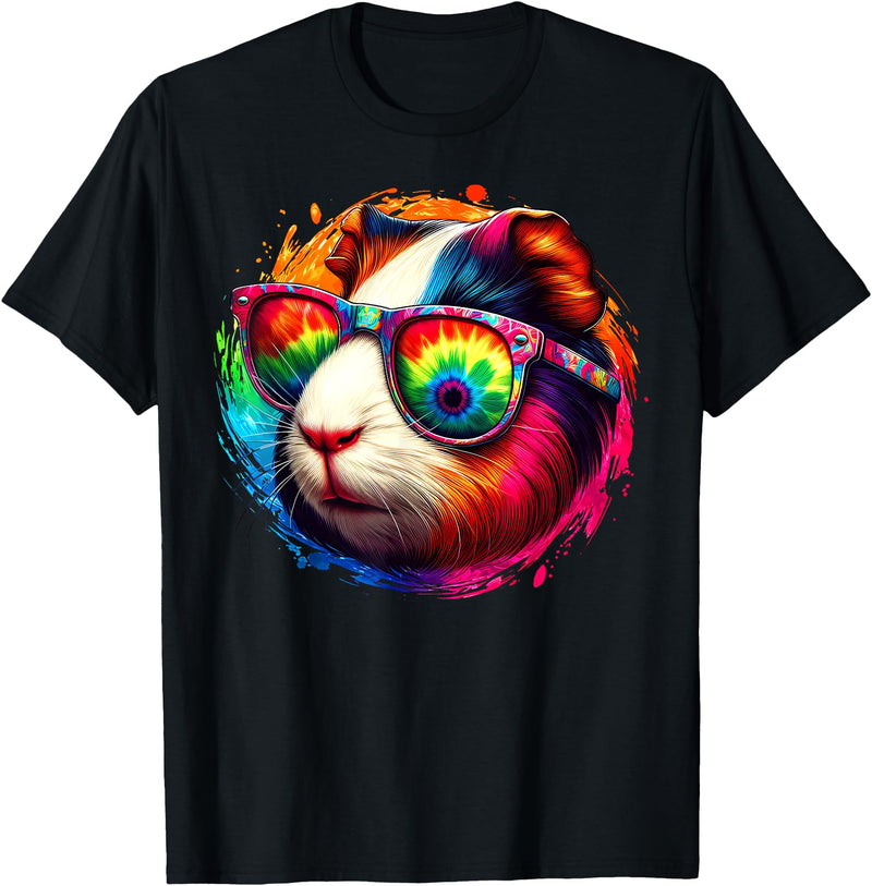 Guinea Pig Tie Dye Sunglasses Art Cool Tie Dye Sunglasses Guinea Pig Graphic Illustration Art T-Shirt - Black