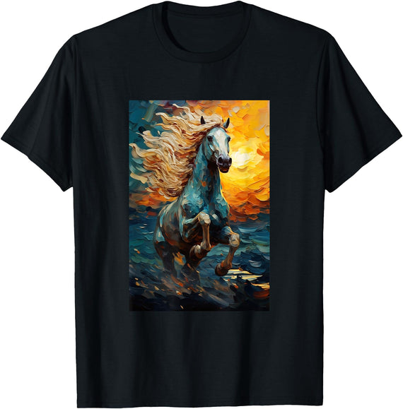 Horse Designs. Horse Equestrian Riding Van Gogh Style Starry Night Graphic T-Shirt - Black
