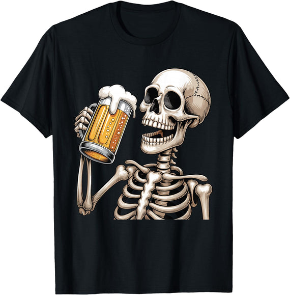 Halloween Skull Skeleton Drinking Beer Funny Kids Skeleton Drinking Beer Halloween Spooky Season Mens Womens T-Shirt - Black