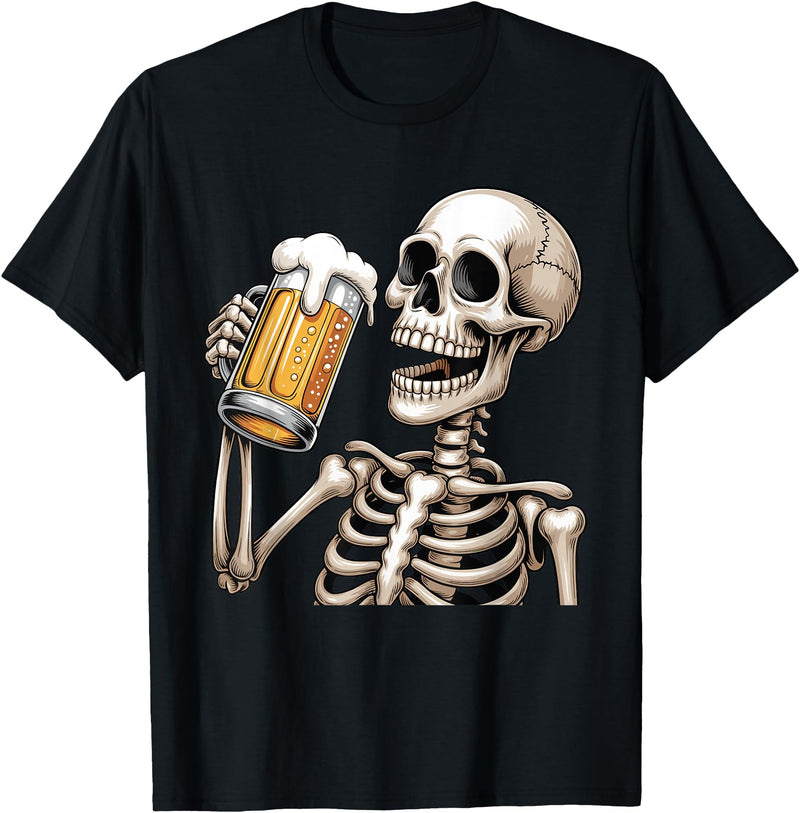Halloween Skull Skeleton Drinking Beer Funny Kids Skeleton Drinking Beer Halloween Spooky Season Mens Womens T-Shirt - Black