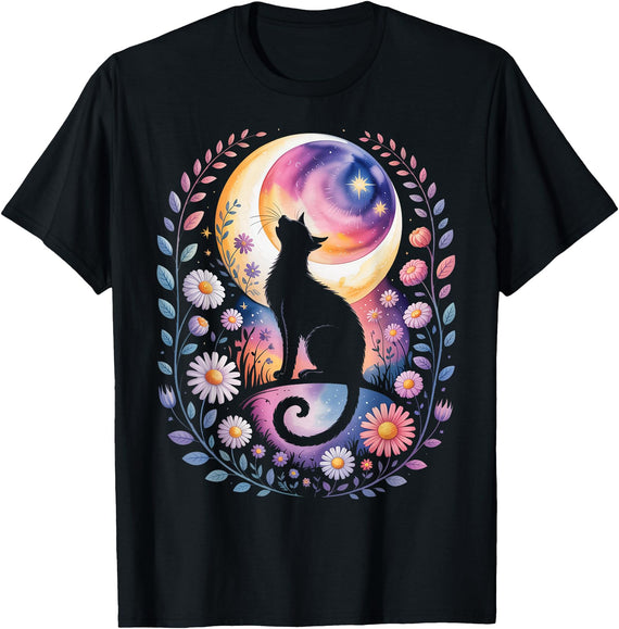Halloween Black Cat Costume Mystical Cat Lover Mystic Moon Cat with Stars - Witchy Halloween Celestial Art T-Shirt - Black