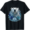 Arctic Polar Bear Crystal Rose Winter Spirit Majestic Polar Bear with Blue Ice Crystal Roses T-Shirt - Black