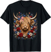 Funny July 4th Highland Cow Farm Lovers Highland Cow Florals 4th of July USA Flag Patriotic Women T-Shirt - Black