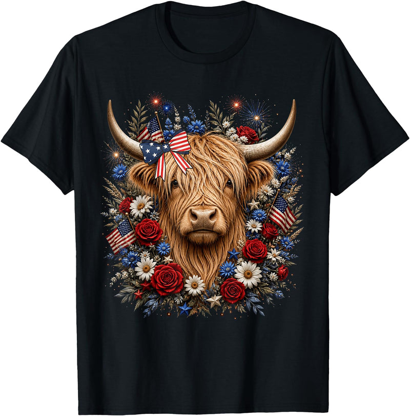 Funny July 4th Highland Cow Farm Lovers Highland Cow Florals 4th of July USA Flag Patriotic Women T-Shirt - Black