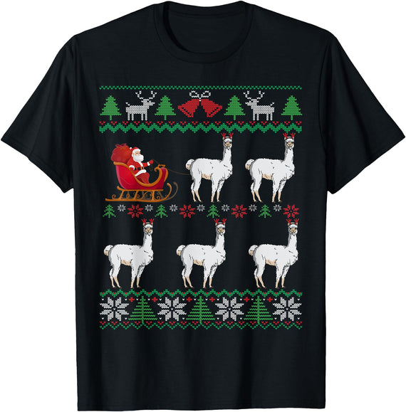 Parabolic Christmas Llama Pulling Santa Sleigh Funny Llama Lover Ugly Christmas T-Shirt - Black