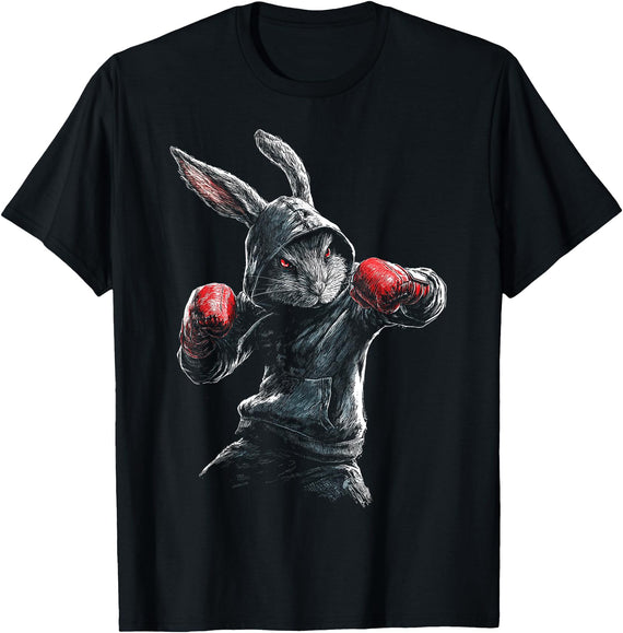 Rabbit Boxing Fitness Drawing Artwork Animal Motif Rabbit T-Shirt in As Pictured