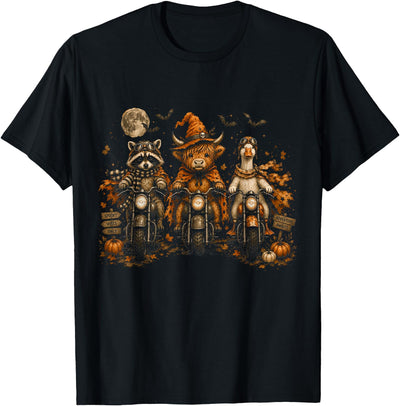 Highland Cow Witch Hat Bats Autumn Adventure Halloween Raccoon Highland Cow Goose Motorcycle Fall T-Shirt