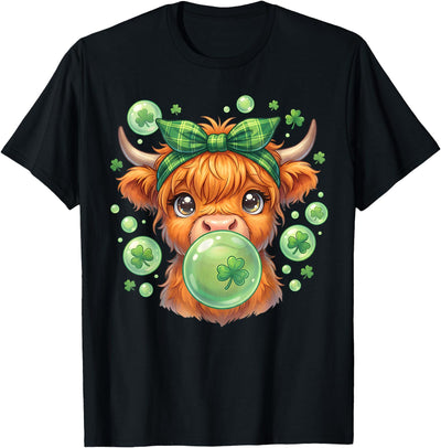 Patricks Day Highland Cow Blowing Bubblegum Celebrate T-Shirt
