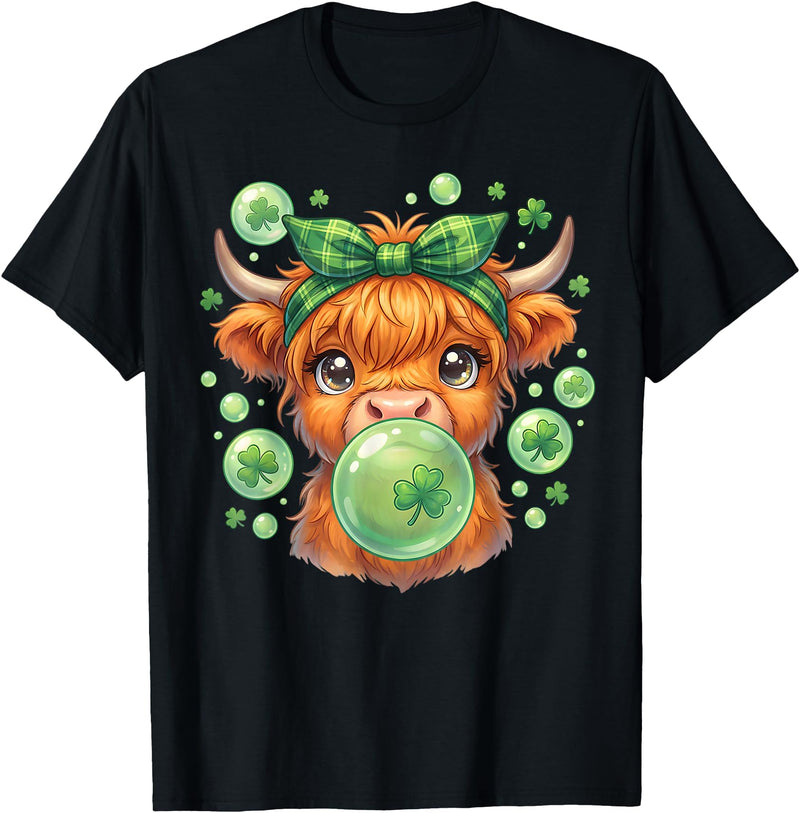 St. Patricks Day Highland Cow Blowing Bubblegum Celebrate St Patricks Day T-Shirt - Black