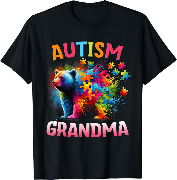 Colorful Rainbow Family Bear Autism Awareness Autism Grandma Colorful Rainbow Grandma Bear Autism T-Shirt - Black