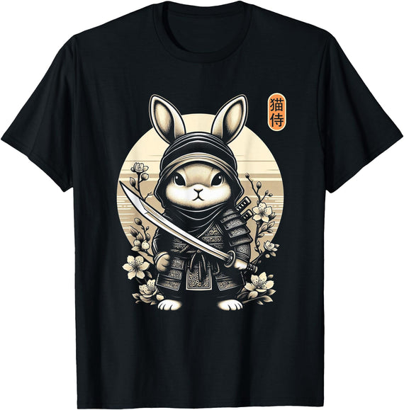 Japanese Samurai Ninja Rabbit Tattoo Japanese Kawaii Art T-Shirt in Black