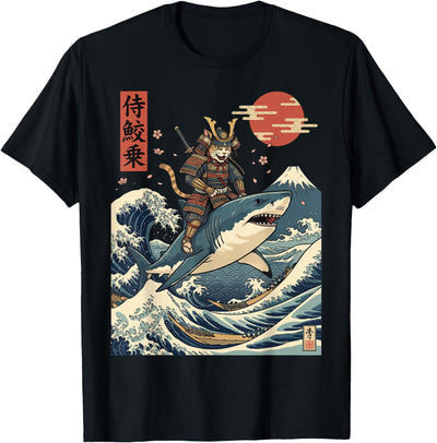 Cat Japanese Warrior Katana Funny Graphic Samurai Cat Riding Shark Japan T-Shirt