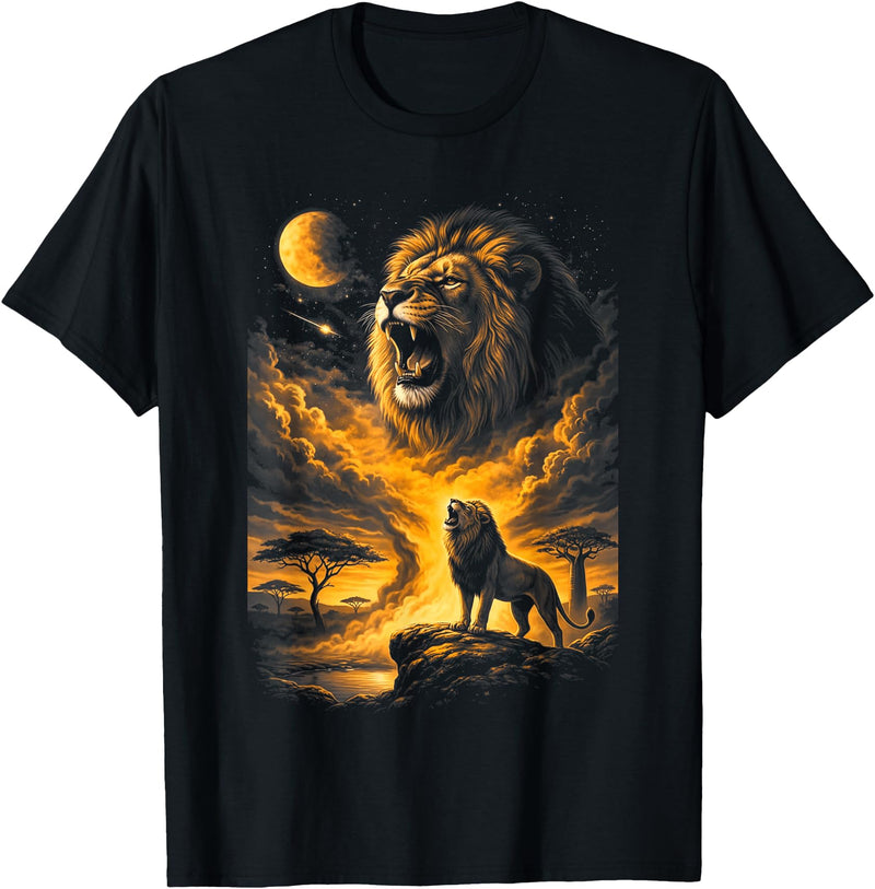 Howzit South Africa Majestic Roaring Lion Savanna Moon Night Sky African Safari T-Shirt - Black