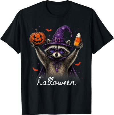 Raccoon Halloween Costume Boys Girls Kids Youth Funny Halloween Raccoon Witch Hat Pumpkin Spooky Season T-Shirt