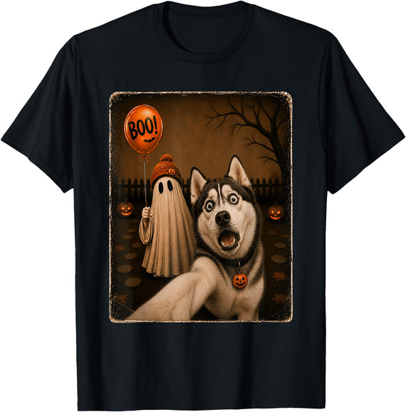 Funny Siberian Husky Dog Halloween Ghost Dog Lover Siberian Husky Dog Ghost Selfie Funny Halloween Costume T-Shirt - Black