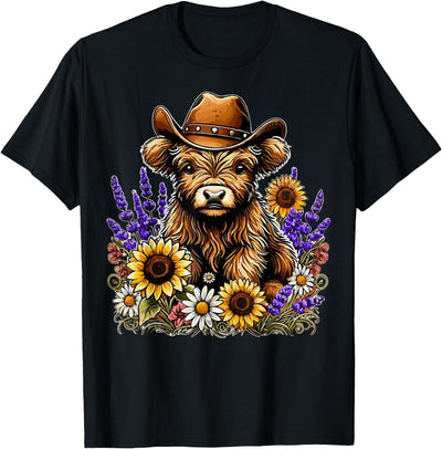 Funny Scottish Highland Cow Cowboy Hat Sunflower Wildflower T-Shirt