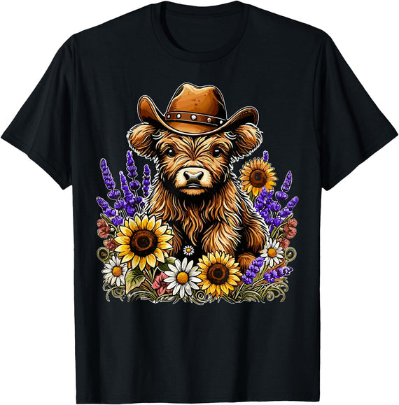 Funny Scottish Highland Cow Highland Cow Cowboy Hat Sunflower Wildflower Country Western T-Shirt - Black