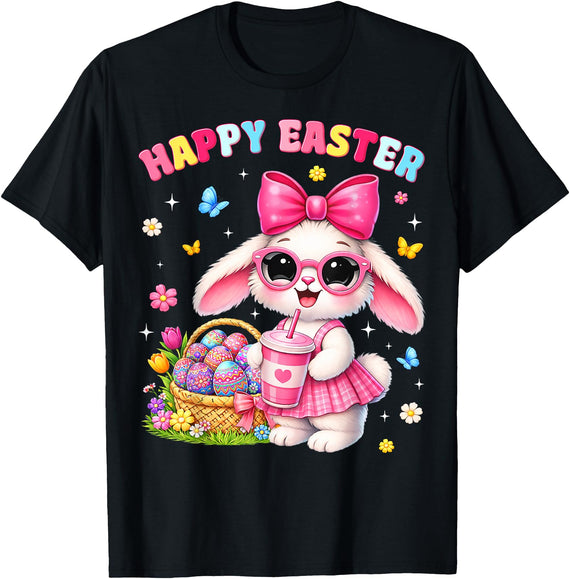 Happy Easter Coquette Easter Egg Rabbit Bunny Women Girl Kid T-Shirt in Black