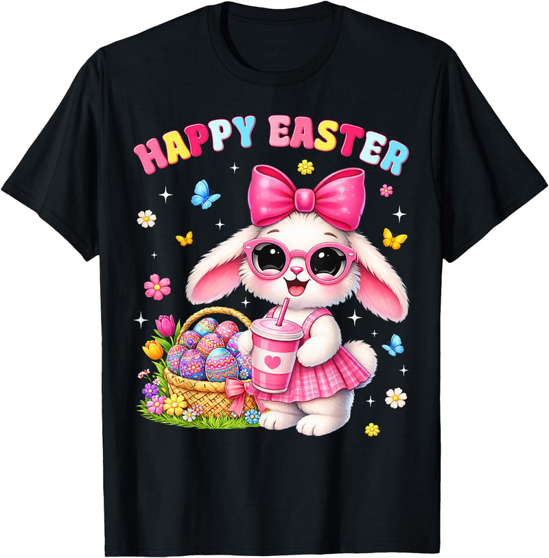 Happy Easter Coquette Easter Egg Rabbit Bunny Women Girl Kid T-Shirt in Black