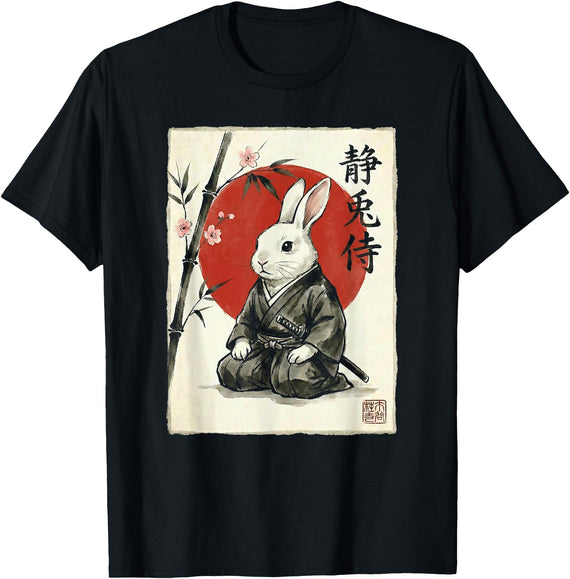 Rabbit Samurai Kawaii Japanese Art T-Shirt in As Pictured