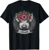 Pig with Flowers Vegan Retro Products Pig with Flowers Vegan Retro – Boho Hippie Cute T-Shirt - Black