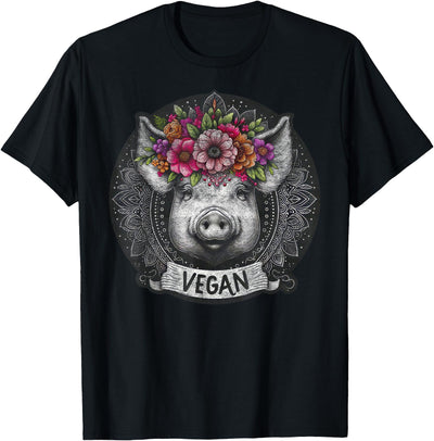 Pig with Flowers Vegan Retro – Boho Hippie Cute T-Shirt