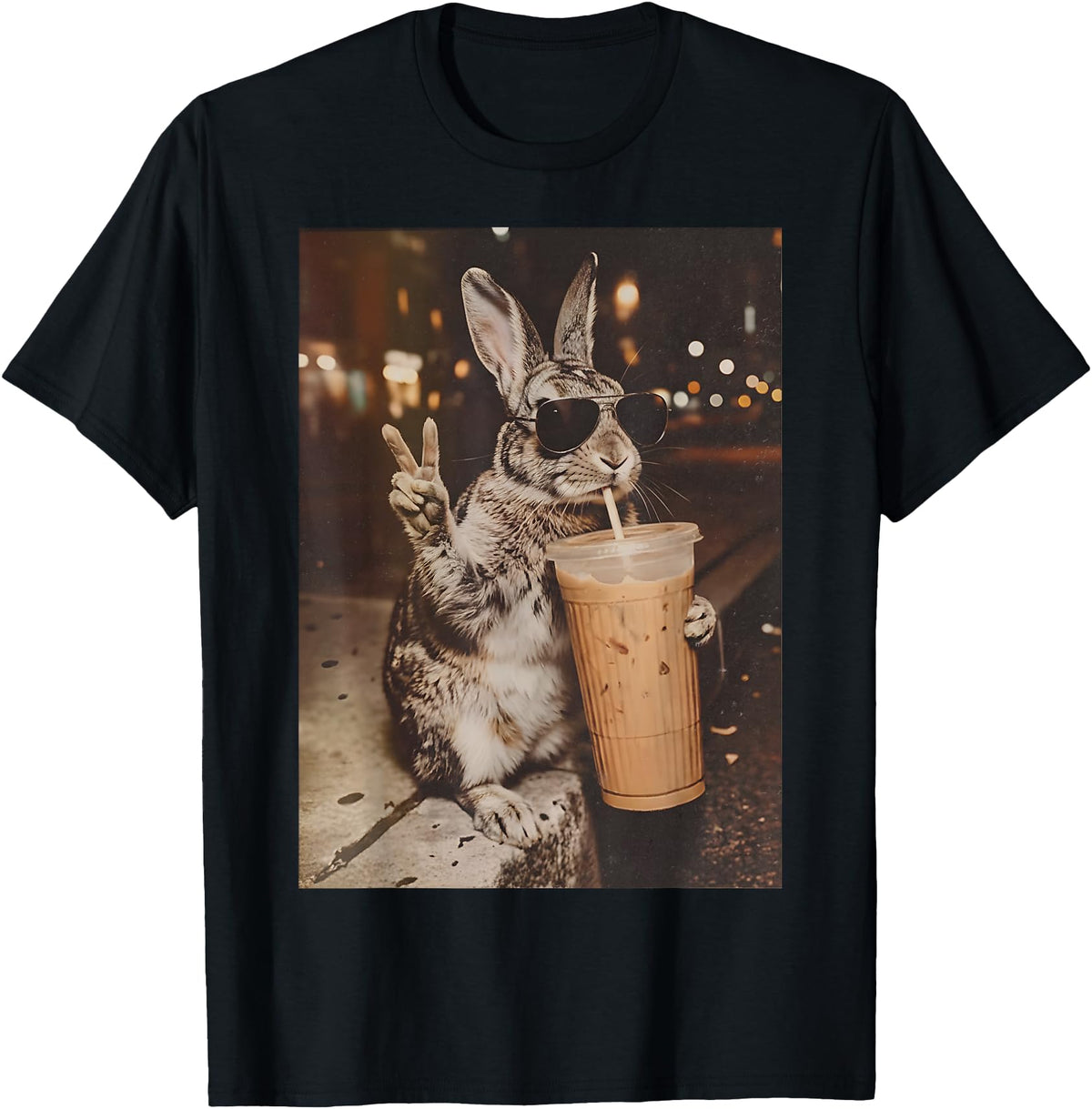 Rabbit Drinking Iced Coffee Funny Easter Bunny Men Women T-Shirt in Black