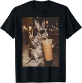 Rabbit Drinking Iced Coffee Funny Easter Bunny Men Women T-Shirt in Black