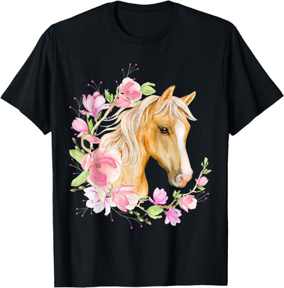 DB Trading Post Palomino Horse, Magnolias, Horse Lovers, Blonde Horse Floral T-Shirt