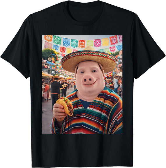 Pig John Pork Mexico Meme John Pork Funny Pig Man Mexican Fiesta Cinco de Mayo Taco T-Shirt - Black