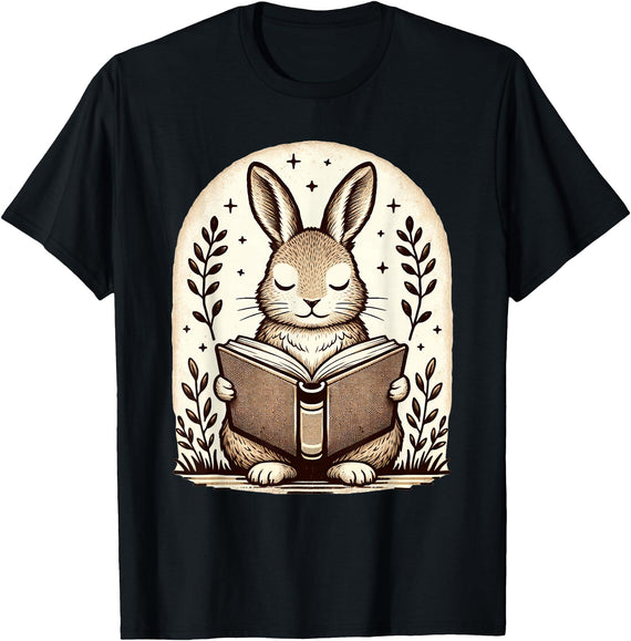 Cute Cottagecore Aesthetic Rabbit Bunny Book Lover T-Shirt in Black