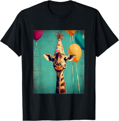 Unisex-Kids Retro Art Print Giraffe Birthday Party T-Shirt Black Short Sleeve Small