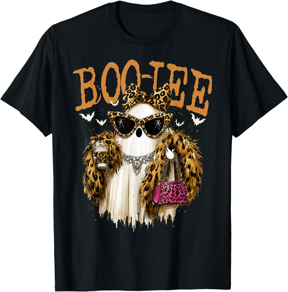 Boo Jee Leopard Ghost Halloween Boujee Ghost Coquette Leopard Boo-JEE Halloween Boujee Ghost T-Shirt - Black