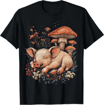 Sleeping Pig Among Mushrooms Cottagecore T-Shirt