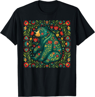 Scandinavian Folk Art Bear Floral Pattern Nordic Animal T-Shirt