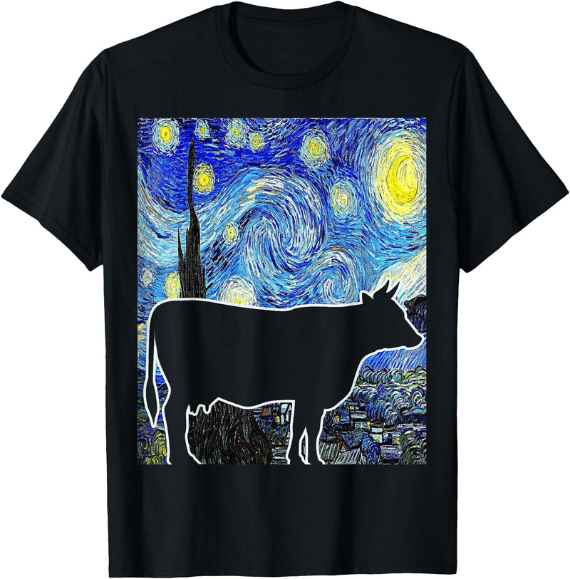 Funny Cow Van Gogh Famous Painting Cow Starry Night Van Gogh Funny Cow Farmer T-Shirt - Black