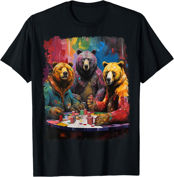 Noah&Friends Playing Card Pop Art Gambling Bears Playing Poker Cards T-Shirt - Black