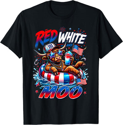 Cute Red White Moo Highland Cow 4th July Summer and 250 T-Shirt