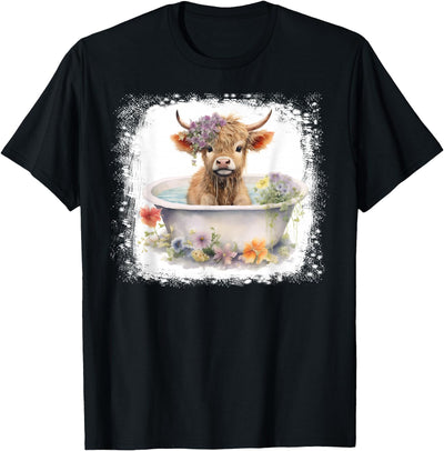 Vintage Baby Highland Cow in Tub Bathtub Floral Flowers T-Shirt