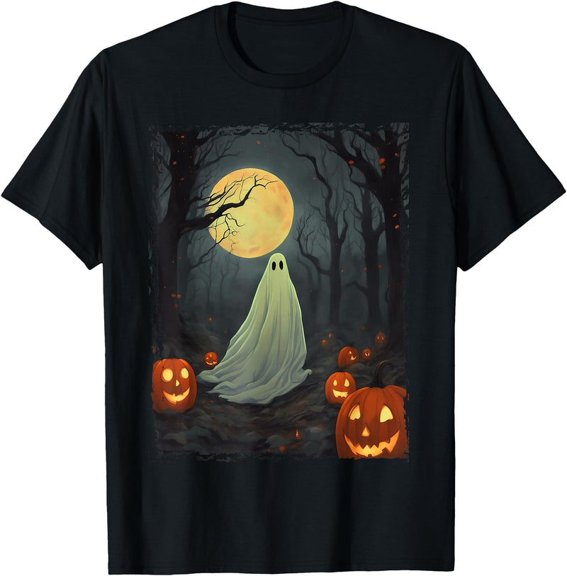 Dibble Dabble Designs Halloween Vintage Ghost in Gothic Forest Full Moon Halloween T-Shirt - Black