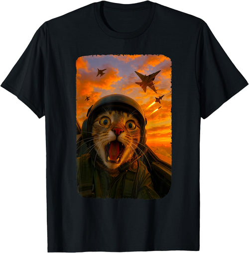 Funny Cats Fighter Jet Pilot Kitties Selfies Funny Screaming Cat Fighter Jet Pilot Kitty Selfie T-Shirt - Black
